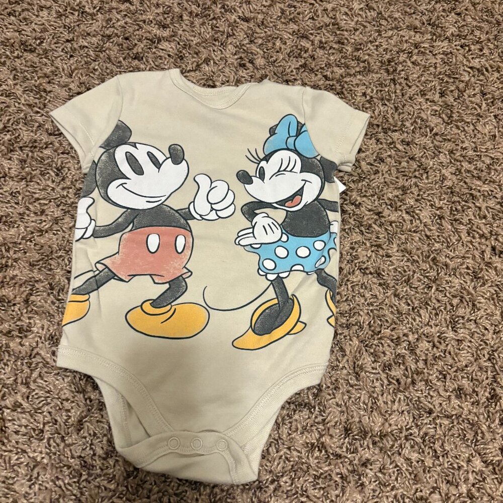 Disney Baby Classic Mickey and Minnie Bodysuit 12 Months Tan Short Sleeve Cotton